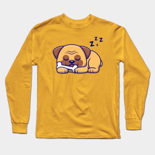 Cute Pug Dog Sleeping With Bone Cartoon Long Sleeve T-Shirt